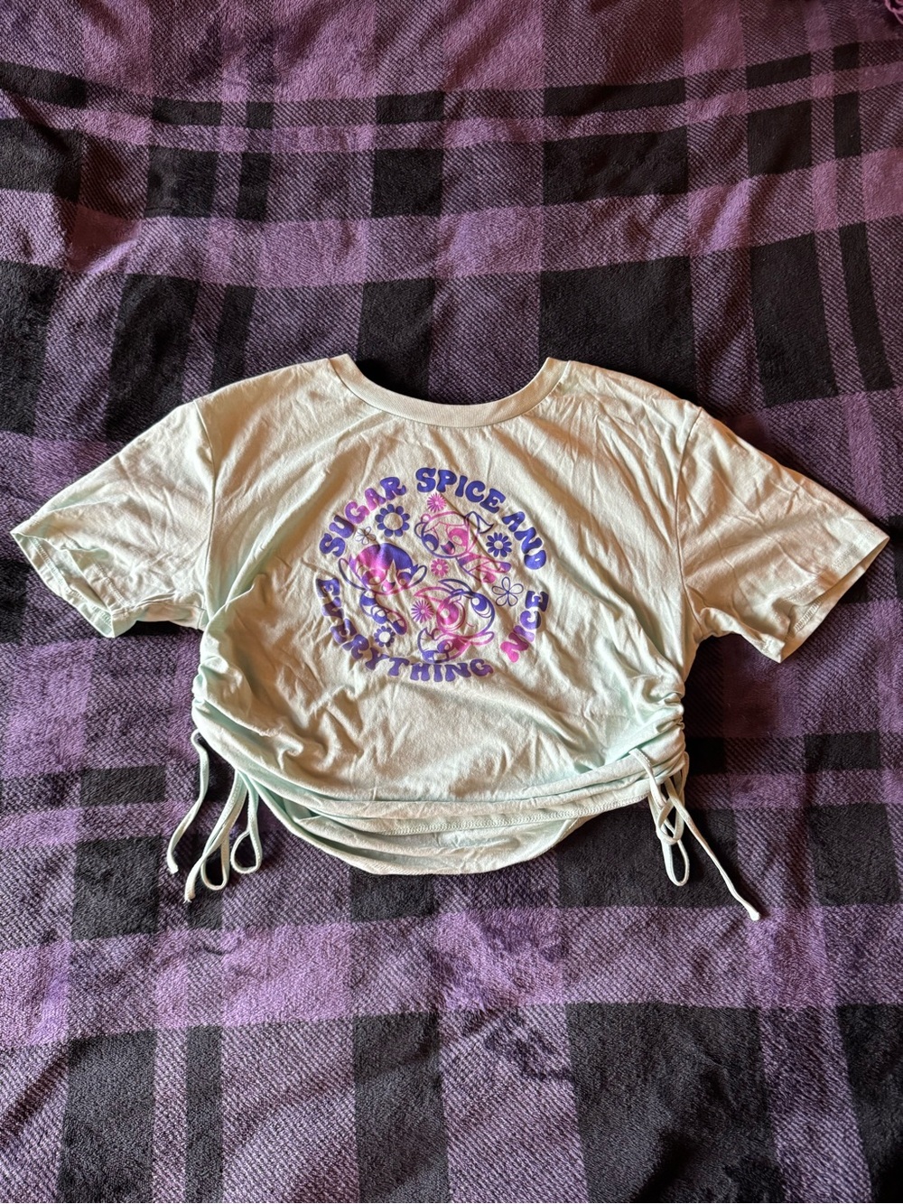 The Powerpuff Girls Light Green Drawstring Graphic Tee with Purple Print